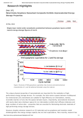[Research Highlights Vol.37] Metal Oxide/Graphene Nanosheet Composite Exhibits Unprecedented Energy Storage Properties thumbnail