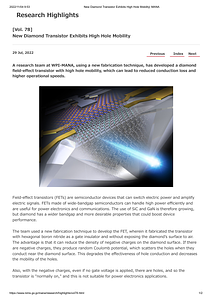[Vol. 78]New Diamond Transistor Exhibits High Hole Mobility_WPI-MANA.pdf