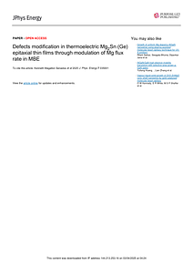 Journal of Physics Energy-Defects modification in thermoelectric Mg2Sn (Ge) epitaxial thin films through modulation of Mg flux rate in MBE.pdf
